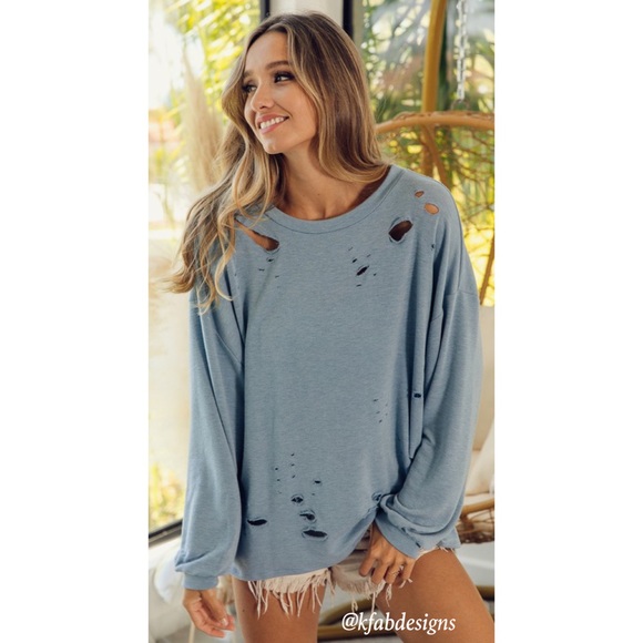 LAST FEW! The SOFTEST Dusty Blue French Terry Knife Cut Sweatshirt! - Picture 5 of 9